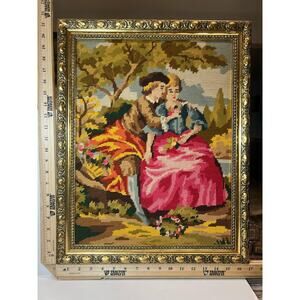 Vintage Needlepoint Tapestry Lovers Scene in Ornate Gold Frame Wall Artxzsa